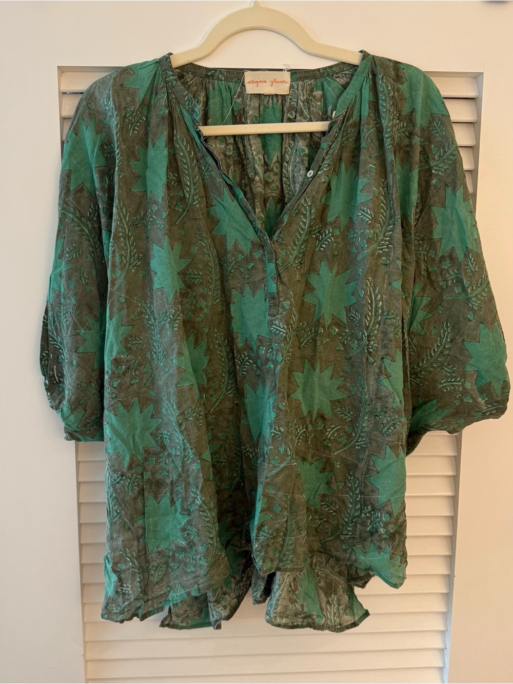 VIRGINIA JOHNSON Boho Beach Coverup Green Dragonflower on Olive Artist’s Tunic
